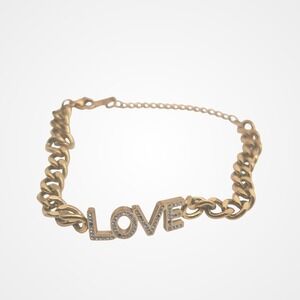 Gold Tone Rhinestone LOVE Curb Chain Bracelet Adjustable Lobster Clasp 8 Inch